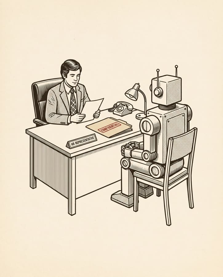 Engraved illustration of an HR representative reviewing a file across the desk from a seated robot